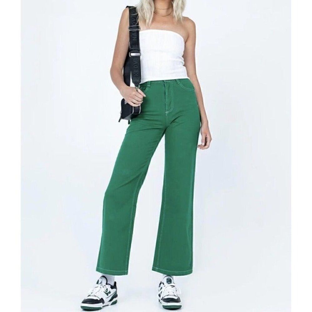 Princess Polly Womens Nicholson Jeans Green Wide Leg Denim Retro Hi Rise Size 2